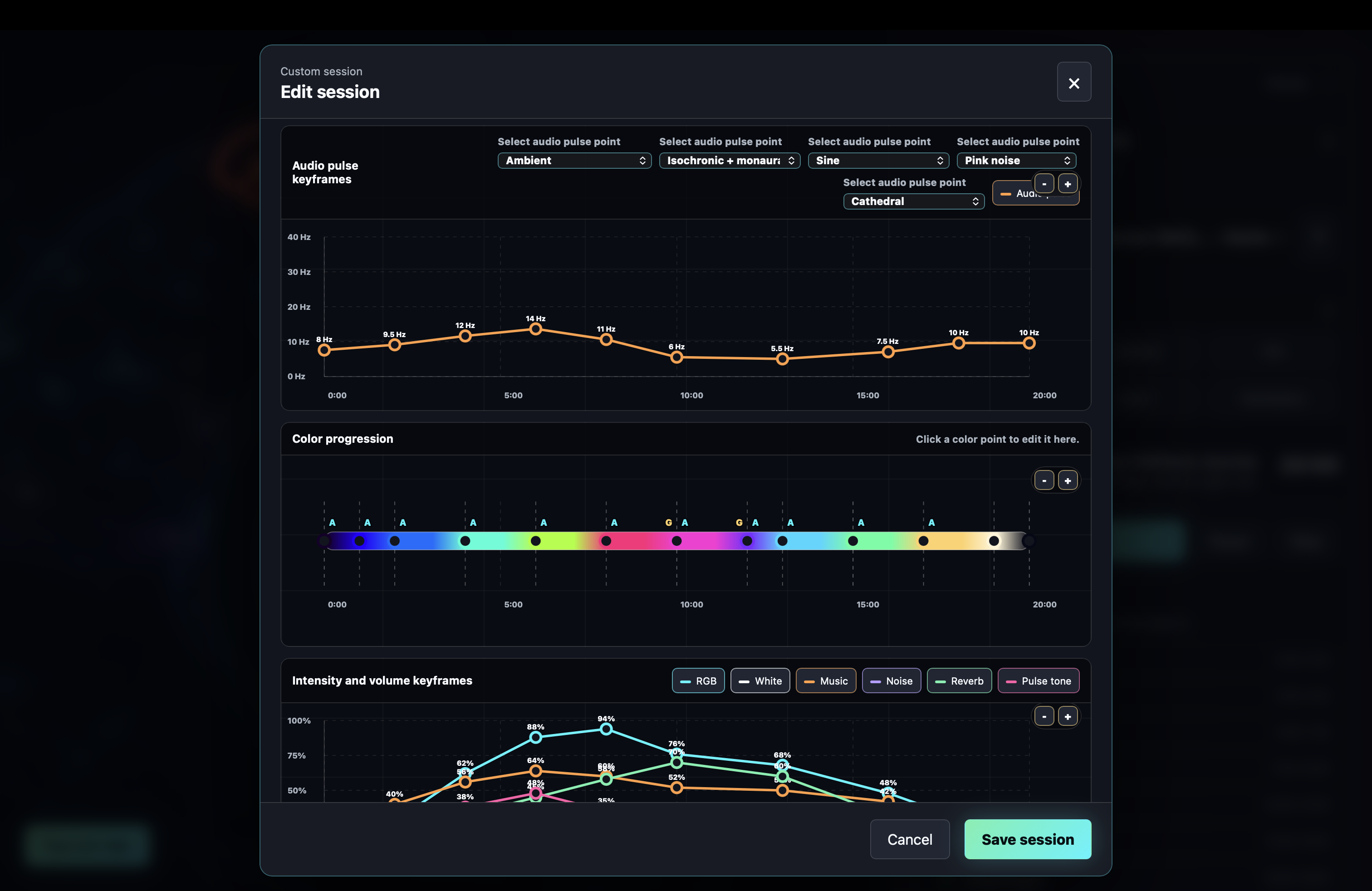 NeuroSync Pro Neural State Studio™ detail view with frequency, light, music, noise, reverb and pulse controls