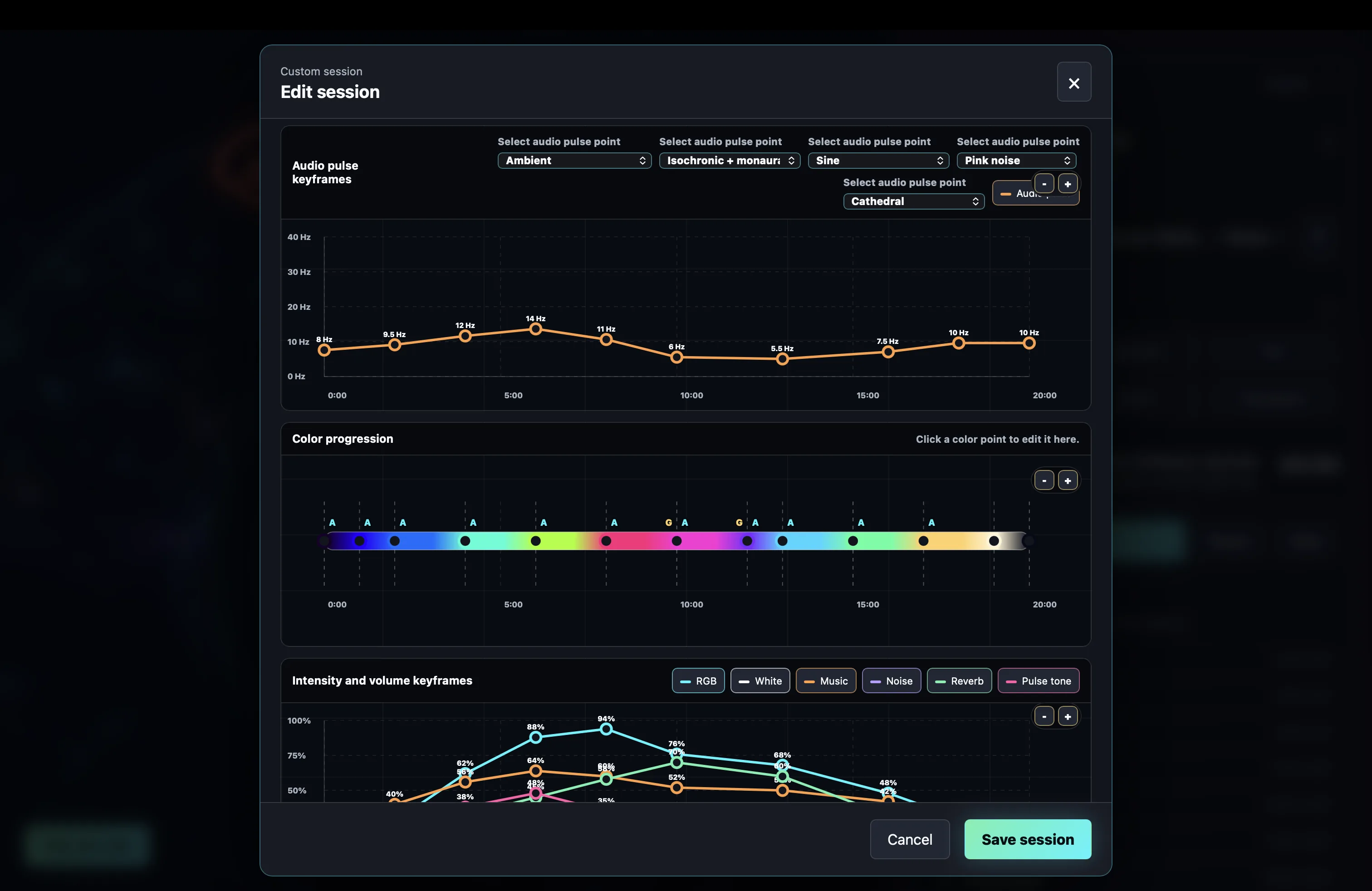 NeuroSync Pro Neural State Studio™ detail view with frequency, light, music, noise, reverb and pulse controls