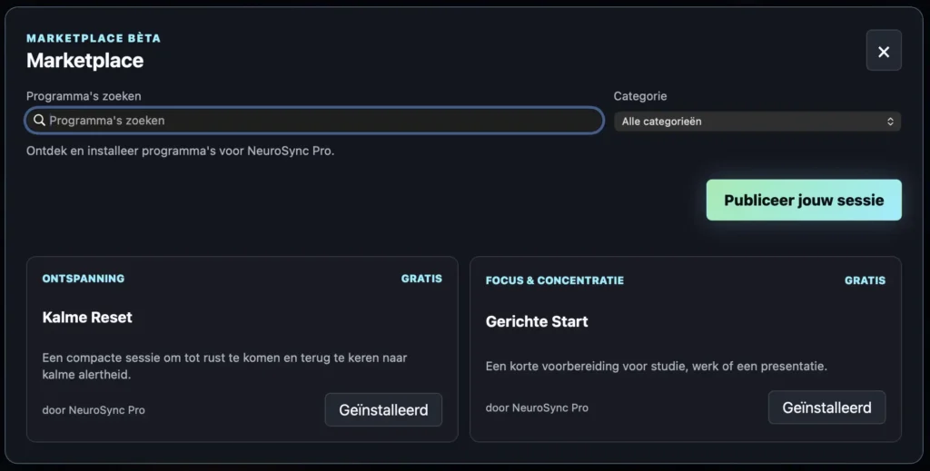 Marketplace in de Neurosync Pro Audio+Light version