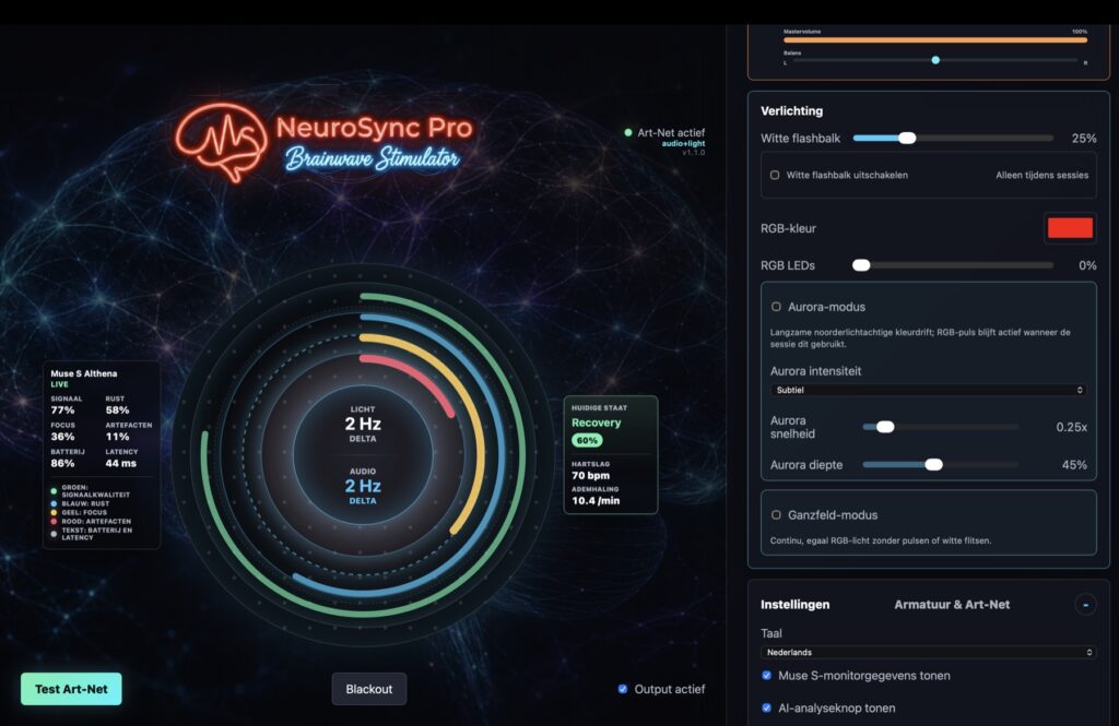 NeuroSync Pro Audio+Light interface met Muse S Athena-monitor, actuele staat, hartslag en ademhaling