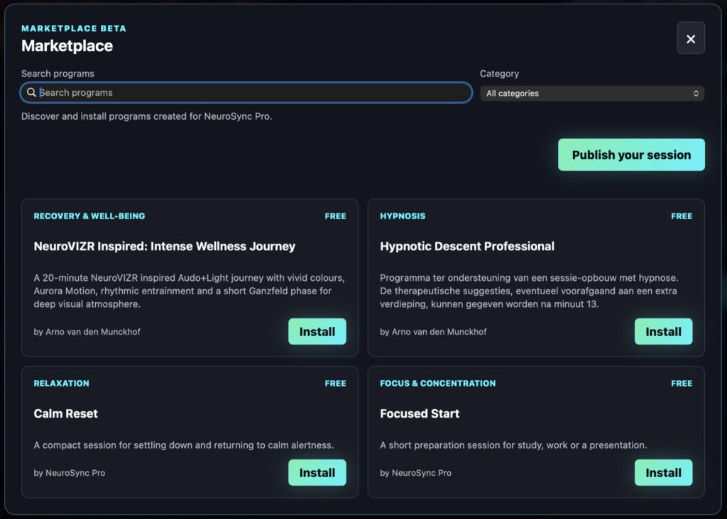 NeuroSync Pro Marketplace met zoekfunctie, categoriefilter, sessiekaarten en installatieknoppen