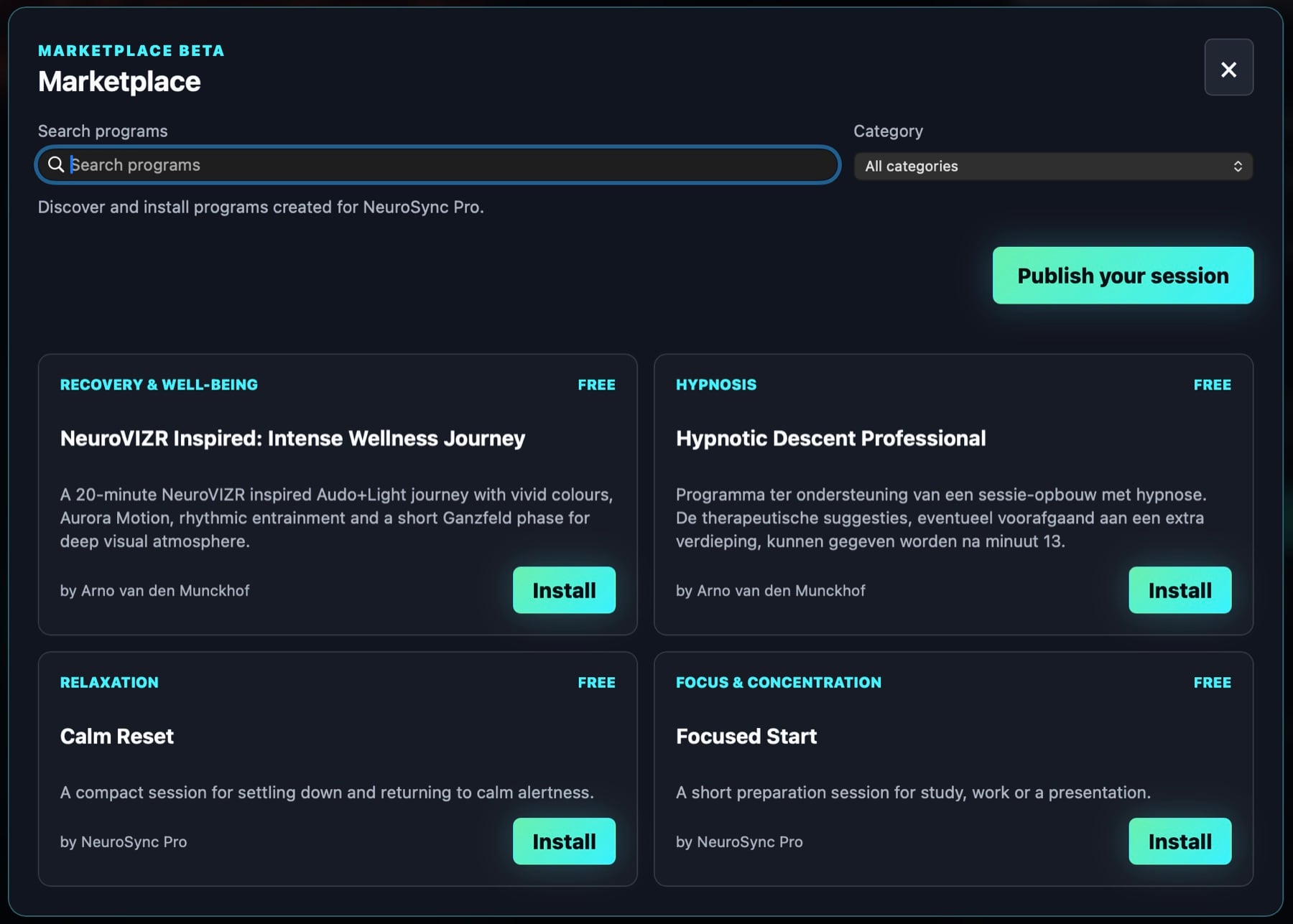 NeuroSync Pro Marketplace with search, category filter, session cards and install buttons