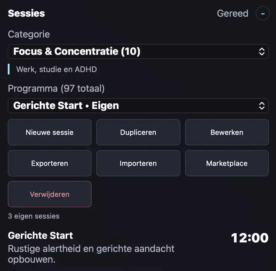 NeuroSync Pro scherm Sessies met categorie Slaap, programmabeheer en de sessie Deep Sleep Preparation