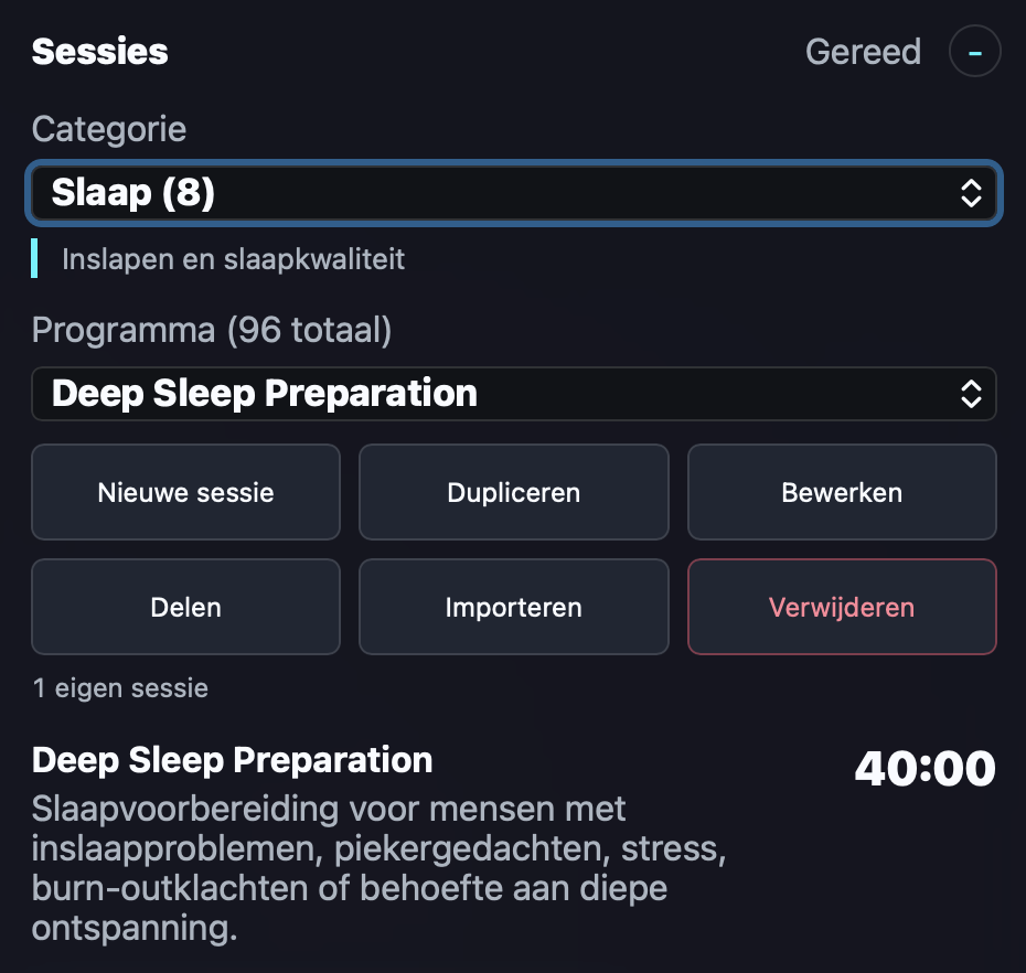 NeuroSync Pro scherm Sessies met categorie Slaap, programmabeheer en de sessie Deep Sleep Preparation