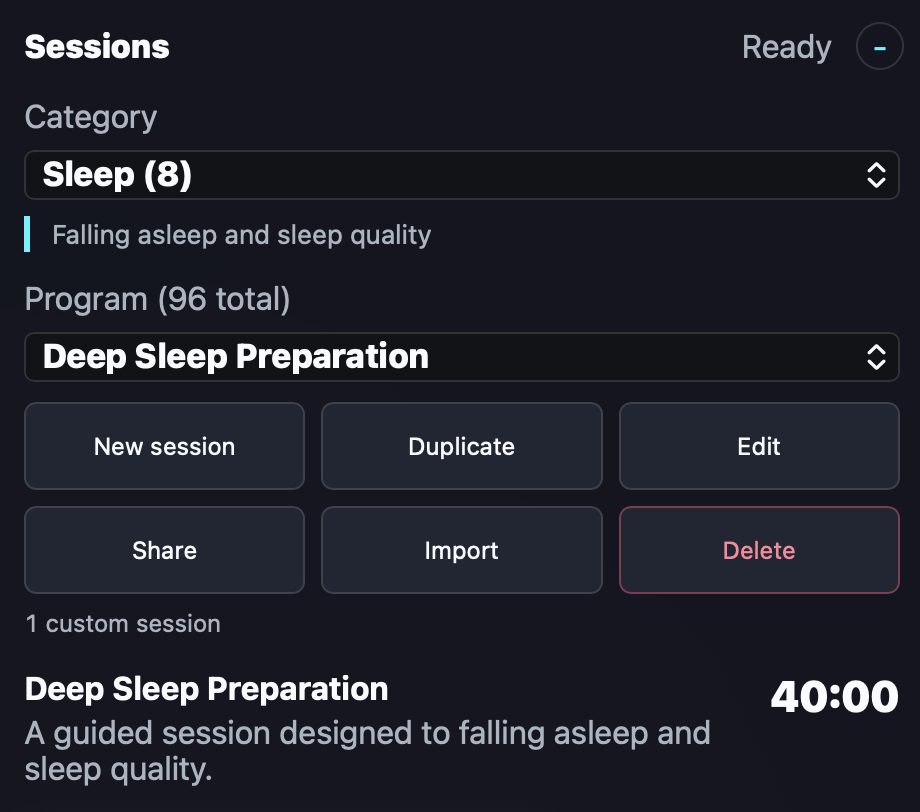 NeuroSync Pro Sessions screen showing the Sleep category, program controls and the Deep Sleep Preparation session