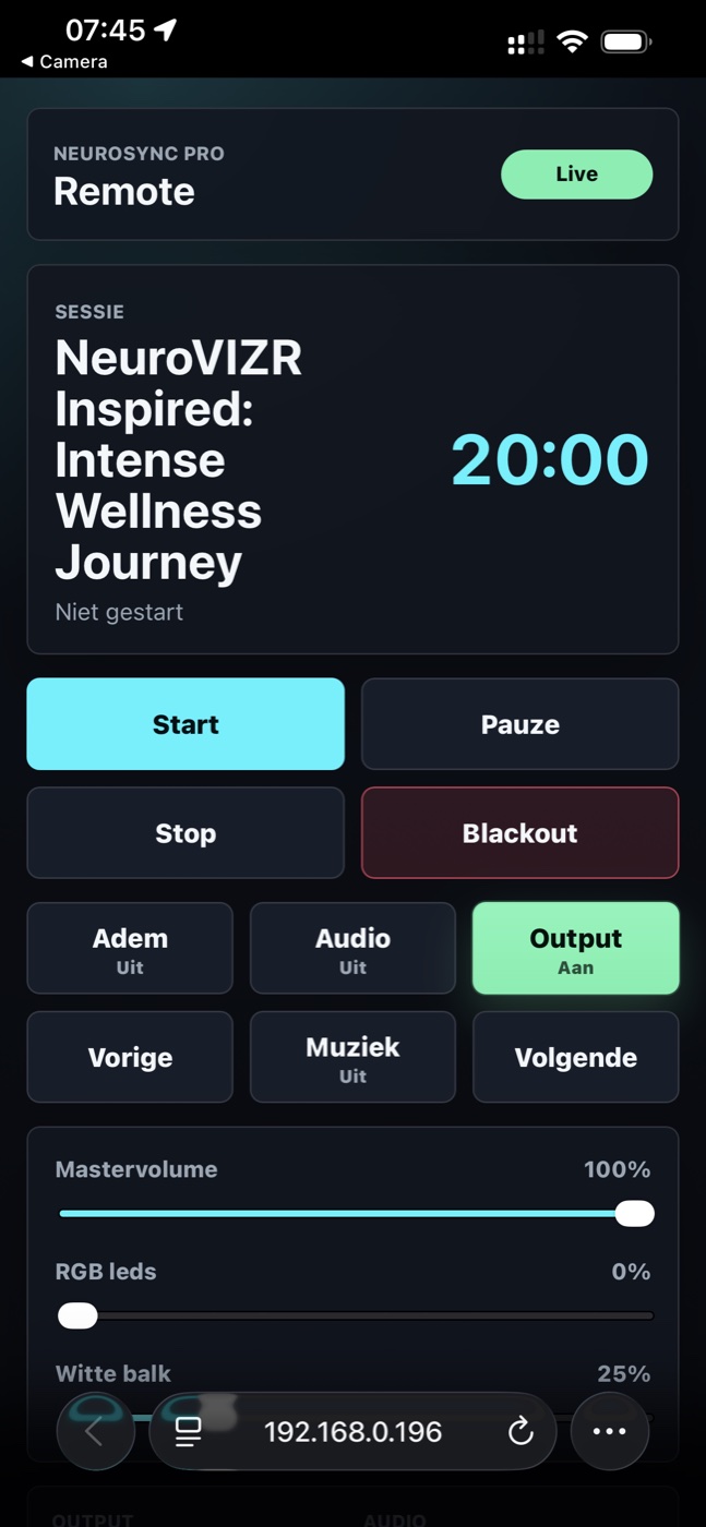 NeuroSync Pro Smartphone Remote with Start, Pause, Stop, Blackout, Output and volume controls